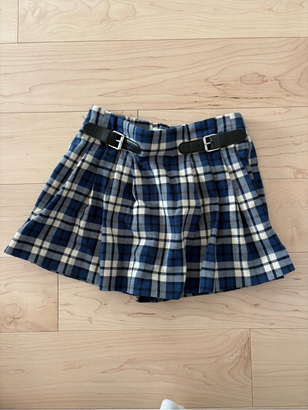 Zara Blue and White Plaid Pleated Skort with Black Buckle Straps